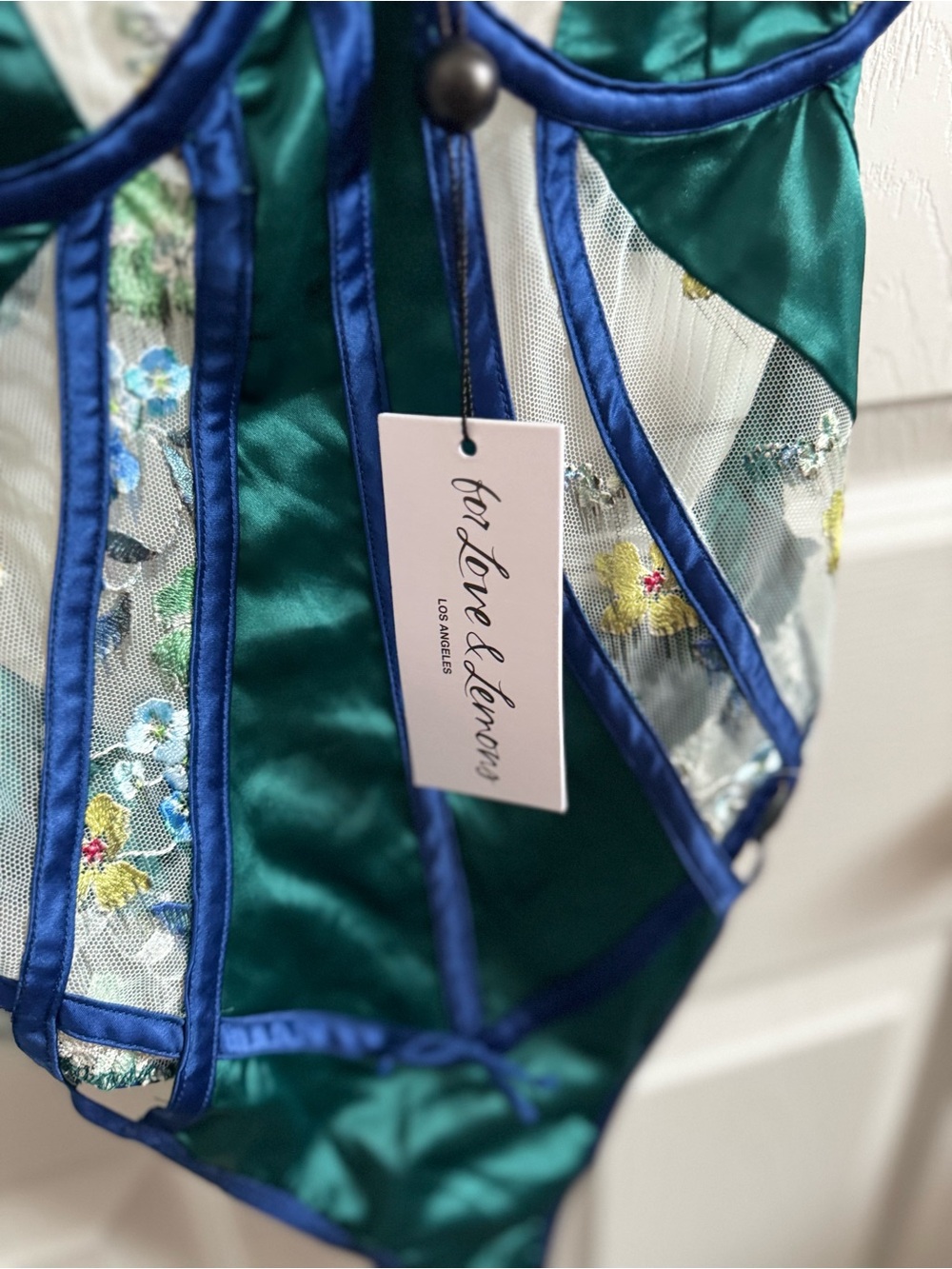 For Love and Lemons Emerald Green Satin & Navy Lace Floral Teddy - Picture 2 of 3